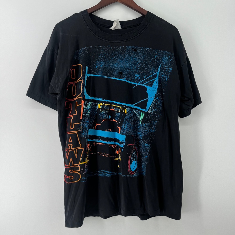 Vintage 90s Outlaws Dirt Track Racing T-Shirt Single Stitch Distressed Black XL